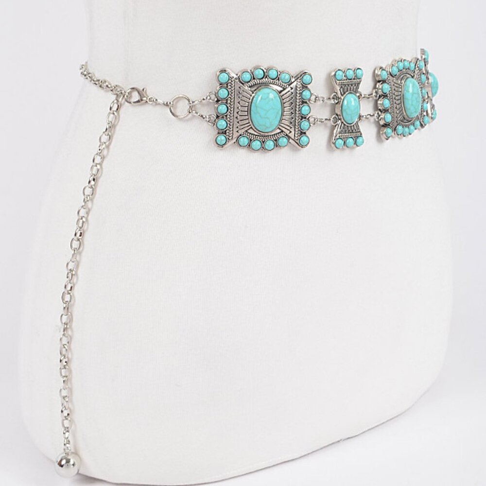 BNWT Turquoise Western Inspired Chain Belt Stone Chain Belt - Picture 5 of 5